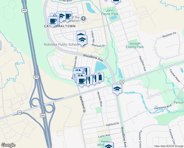 map of restaurants, bars, coffee shops, grocery stores, and more near 69 Princess Diana Drive in Markham