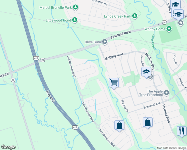map of restaurants, bars, coffee shops, grocery stores, and more near 96 Closson Drive in Whitby