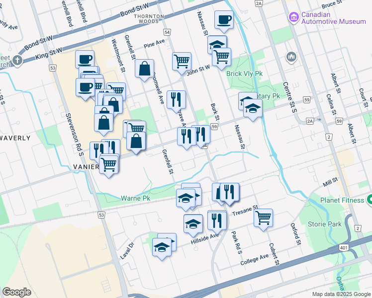 map of restaurants, bars, coffee shops, grocery stores, and more near in Oshawa