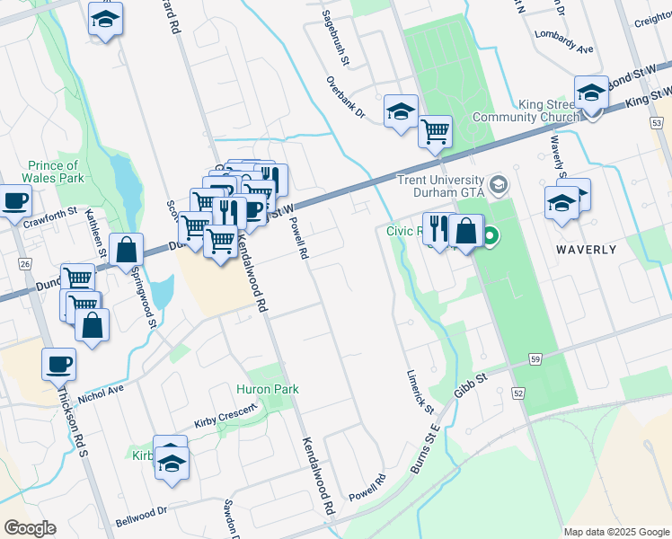 map of restaurants, bars, coffee shops, grocery stores, and more near 7 Bradford Court in Whitby