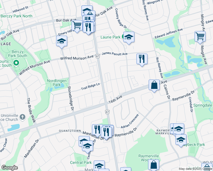 map of restaurants, bars, coffee shops, grocery stores, and more near Wuhan Lane in Markham