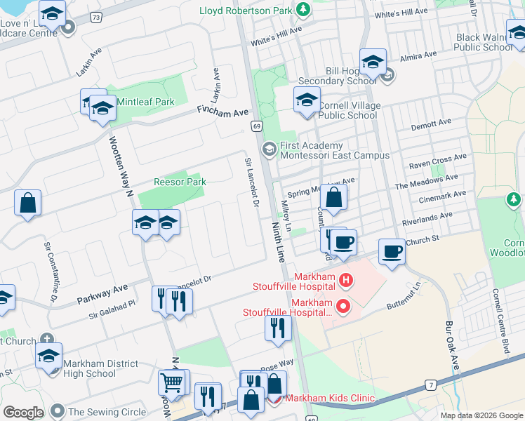map of restaurants, bars, coffee shops, grocery stores, and more near 83 Sir Lancelot Drive in Markham