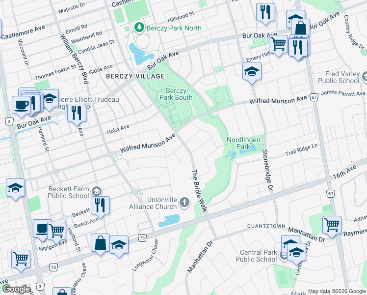 map of restaurants, bars, coffee shops, grocery stores, and more near 1 Bracknell Avenue in Markham