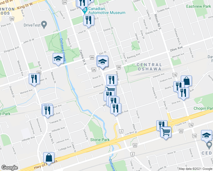 map of restaurants, bars, coffee shops, grocery stores, and more near Simcoe St S & Fisher St in Oshawa