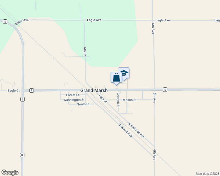 map of restaurants, bars, coffee shops, grocery stores, and more near 628 County Highway E in Grand Marsh