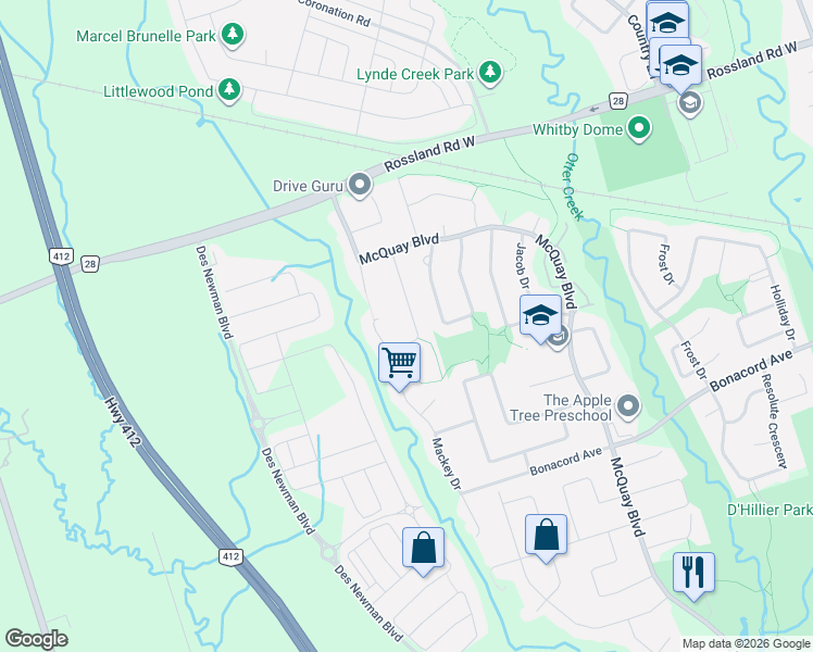 map of restaurants, bars, coffee shops, grocery stores, and more near 106 Mackey Drive in Whitby