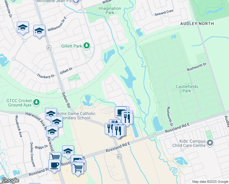 map of restaurants, bars, coffee shops, grocery stores, and more near 7 Grogan Street in Ajax