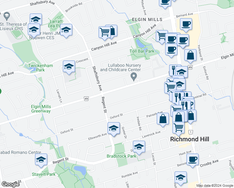 map of restaurants, bars, coffee shops, grocery stores, and more near 259 Elgin Mills Road West in Richmond Hill