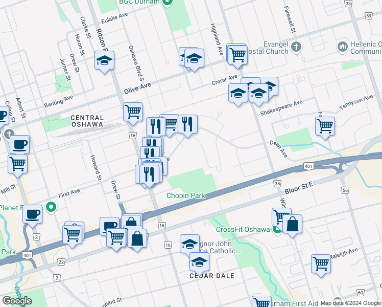 map of restaurants, bars, coffee shops, grocery stores, and more near in Oshawa