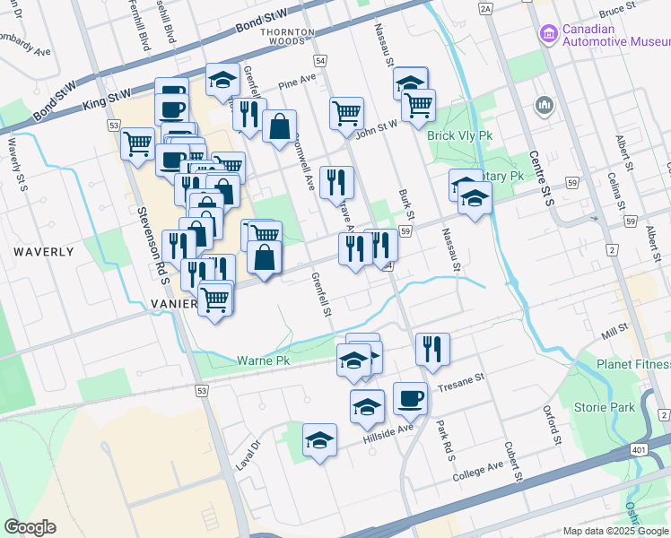 map of restaurants, bars, coffee shops, grocery stores, and more near in Oshawa