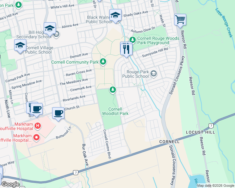 map of restaurants, bars, coffee shops, grocery stores, and more near 36 Harvest Field in Markham