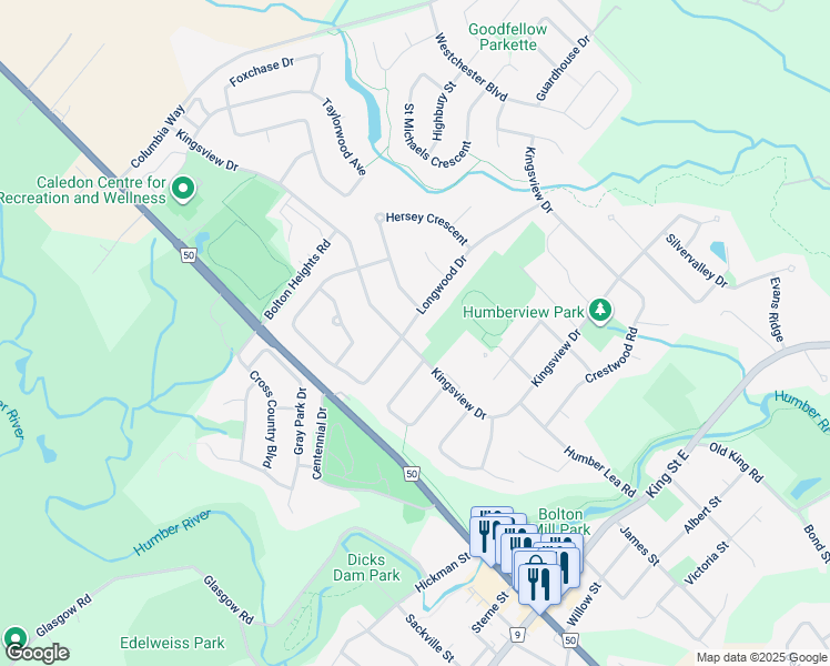 map of restaurants, bars, coffee shops, grocery stores, and more near 269 Kingsview Drive in Bolton