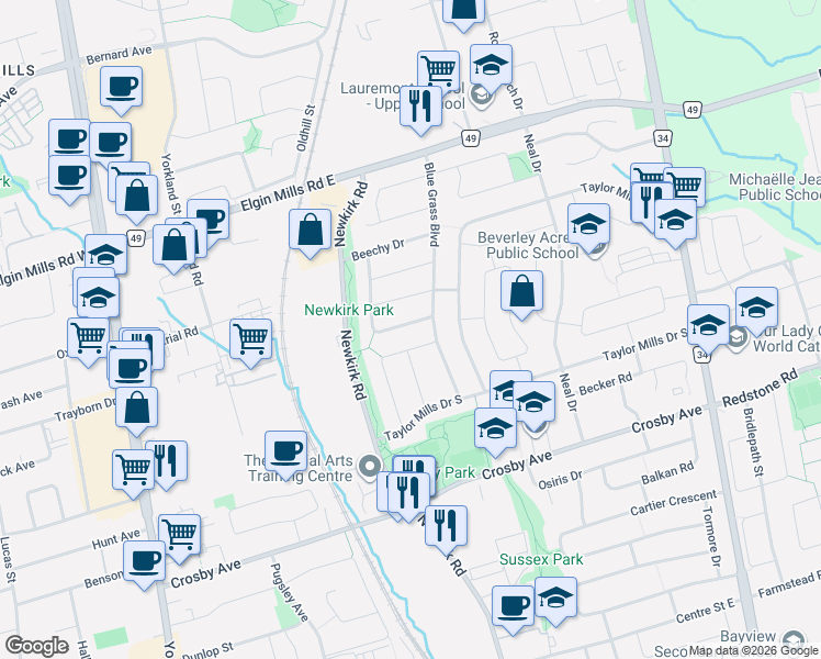 map of restaurants, bars, coffee shops, grocery stores, and more near 244 Demaine Crescent in Richmond Hill