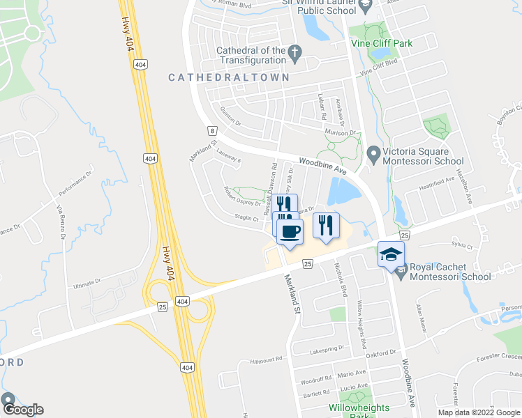 map of restaurants, bars, coffee shops, grocery stores, and more near 3 Robert Osprey Drive in Markham