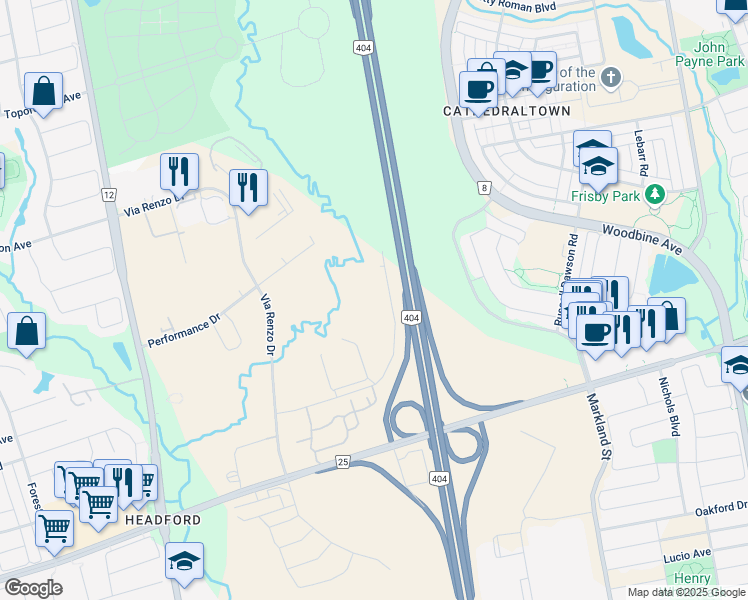 map of restaurants, bars, coffee shops, grocery stores, and more near 50 Ultimate Drive in Richmond Hill