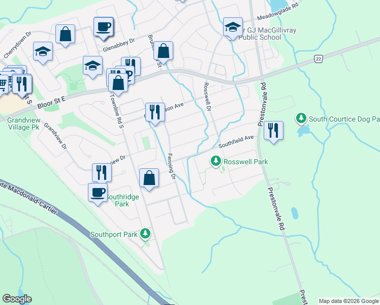map of restaurants, bars, coffee shops, grocery stores, and more near 42 Southfield Avenue in Courtice