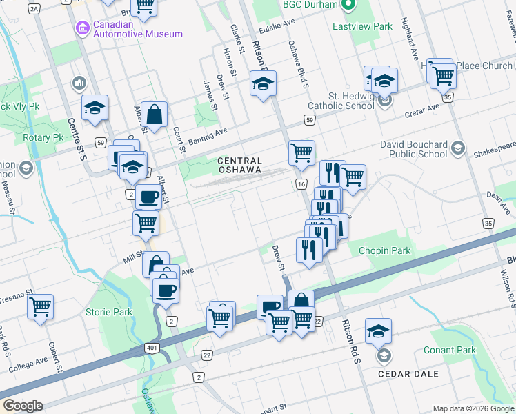 map of restaurants, bars, coffee shops, grocery stores, and more near 454 Drew Street in Oshawa