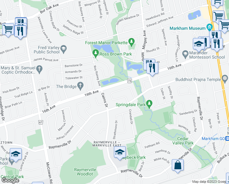 map of restaurants, bars, coffee shops, grocery stores, and more near 77 Bendamere Crescent in Markham