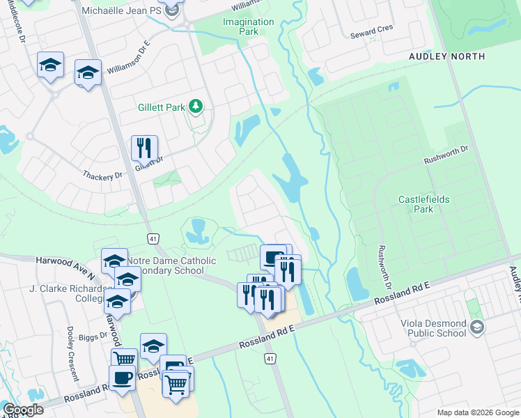 map of restaurants, bars, coffee shops, grocery stores, and more near 7 Grogan Street in Ajax