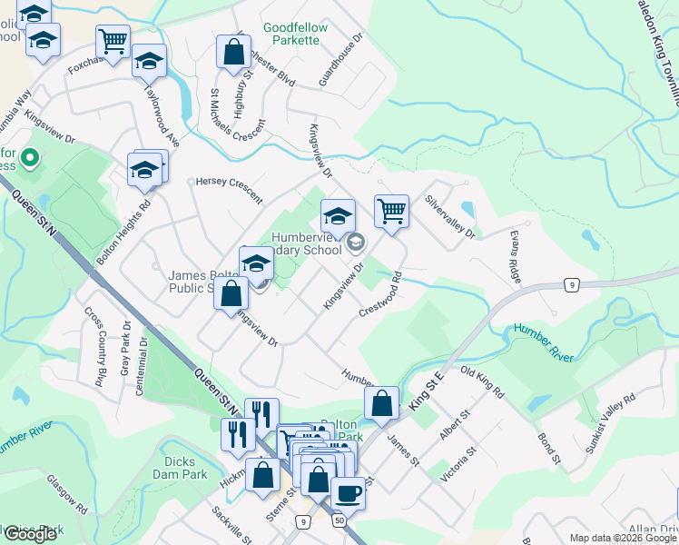 map of restaurants, bars, coffee shops, grocery stores, and more near 138 Kingsview Drive in Bolton
