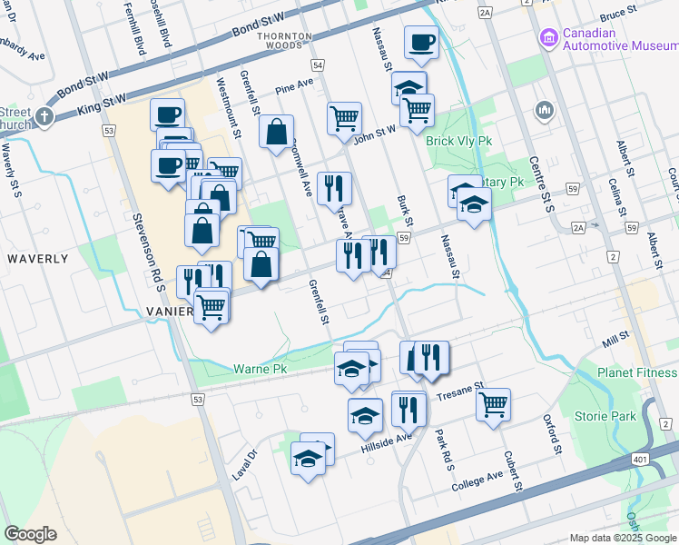 map of restaurants, bars, coffee shops, grocery stores, and more near in Oshawa