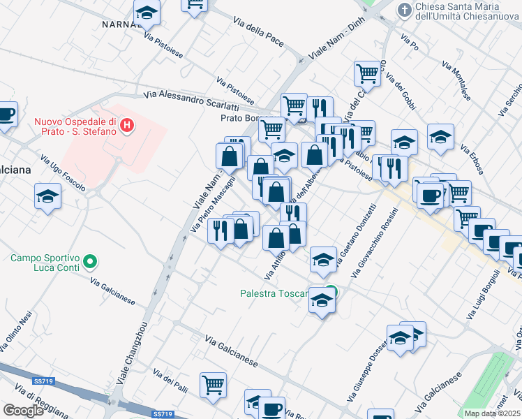 map of restaurants, bars, coffee shops, grocery stores, and more near 68 Via Antonio Vivaldi in Prato