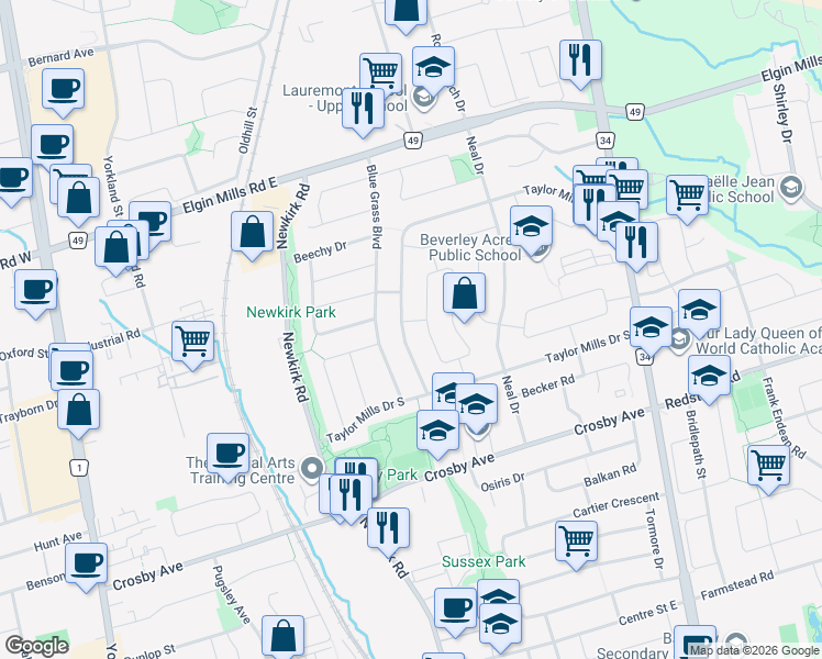 map of restaurants, bars, coffee shops, grocery stores, and more near 198 Taylor Mills Drive North in Richmond Hill