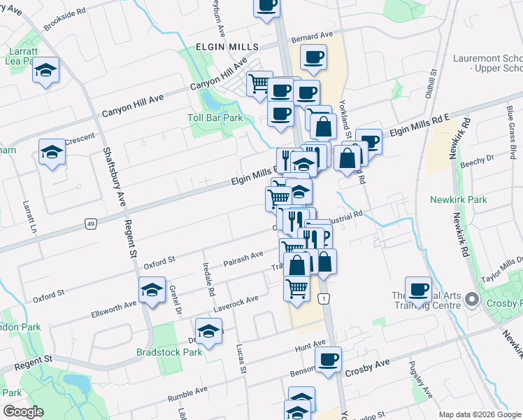 map of restaurants, bars, coffee shops, grocery stores, and more near 51 Arten Avenue in Richmond Hill