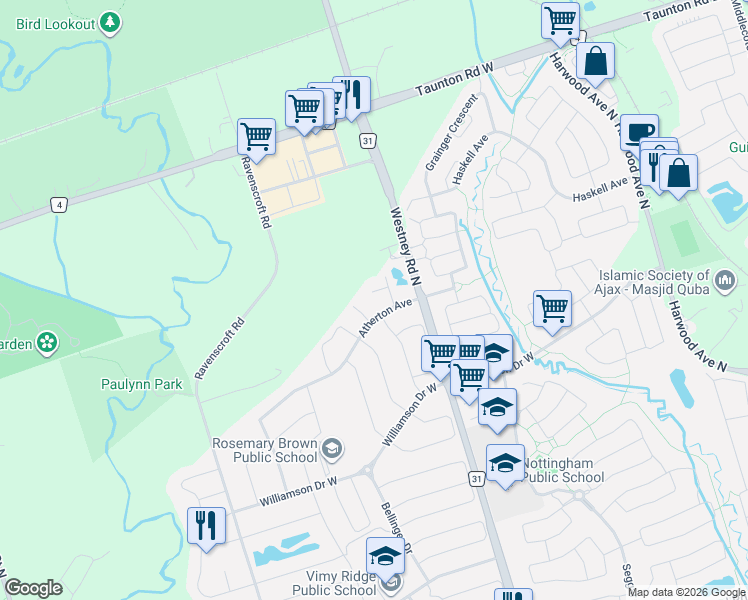 map of restaurants, bars, coffee shops, grocery stores, and more near in Ajax
