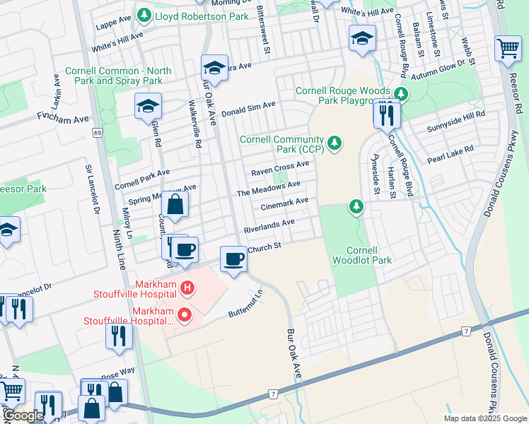 map of restaurants, bars, coffee shops, grocery stores, and more near 13 Cinemark Avenue in Markham