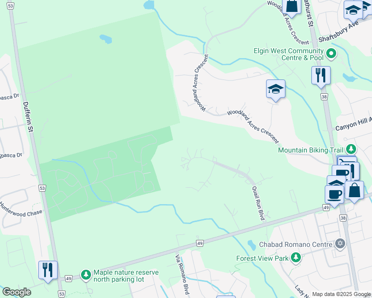 map of restaurants, bars, coffee shops, grocery stores, and more near 76 Quail Run Boulevard in Vaughan