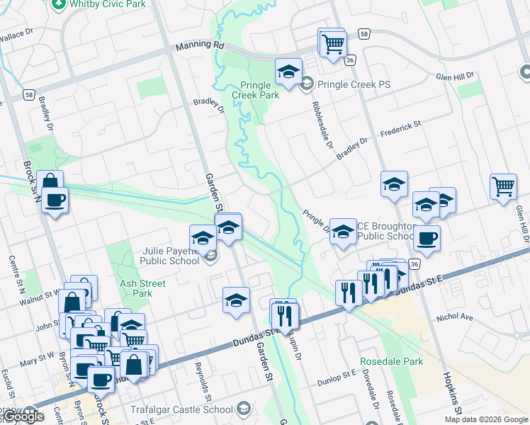 map of restaurants, bars, coffee shops, grocery stores, and more near 25 Wyndfield Crescent in Whitby