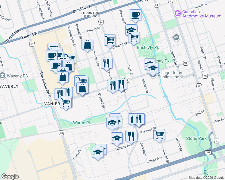 map of restaurants, bars, coffee shops, grocery stores, and more near 290 Montrave Avenue in Oshawa