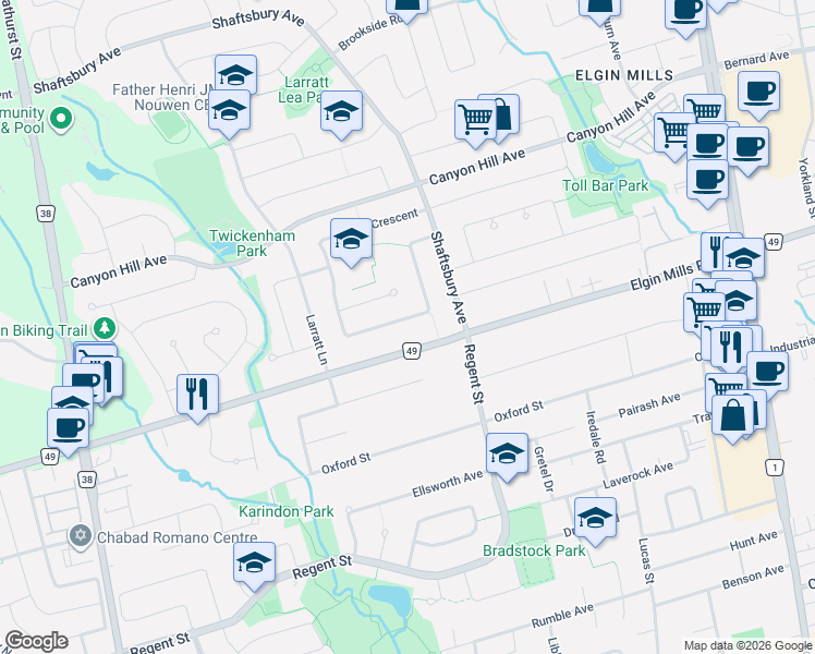 map of restaurants, bars, coffee shops, grocery stores, and more near 382 York Regional Road 49 in Richmond Hill