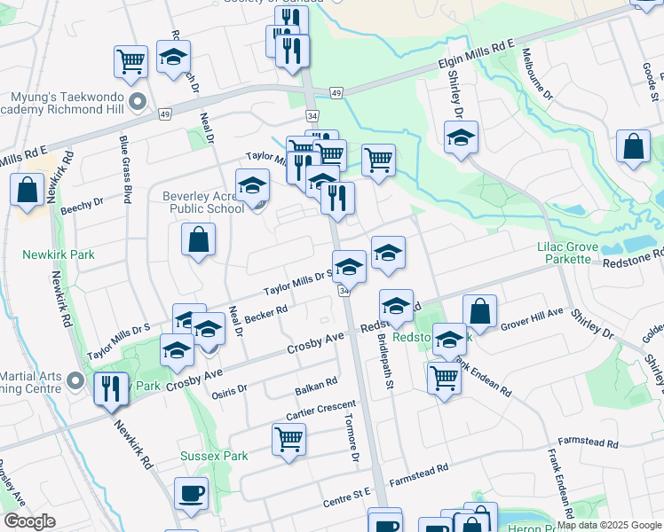 map of restaurants, bars, coffee shops, grocery stores, and more near 467 Taylor Mills Drive South in Richmond Hill