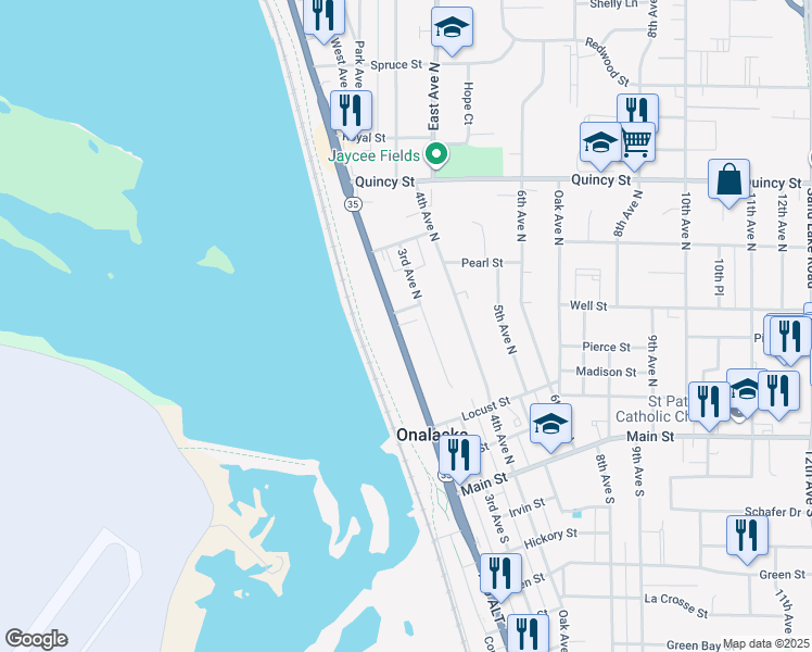 map of restaurants, bars, coffee shops, grocery stores, and more near 444 2nd Avenue North in Onalaska