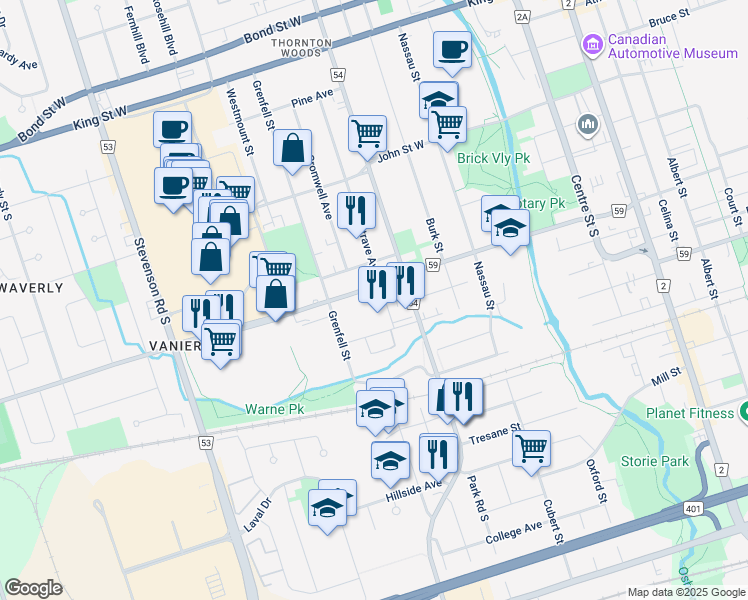 map of restaurants, bars, coffee shops, grocery stores, and more near in Oshawa