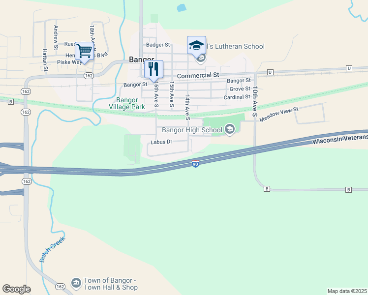 map of restaurants, bars, coffee shops, grocery stores, and more near 1428 Labus Drive in Bangor