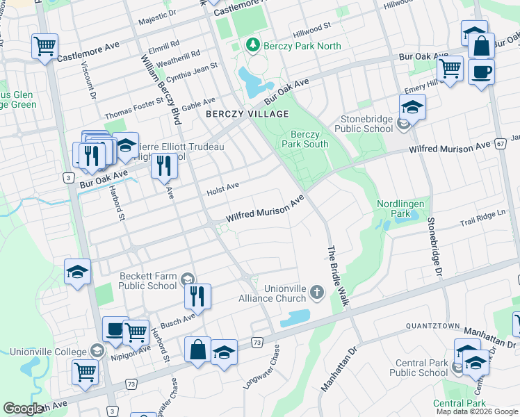 map of restaurants, bars, coffee shops, grocery stores, and more near 118 Hubner Avenue in Markham