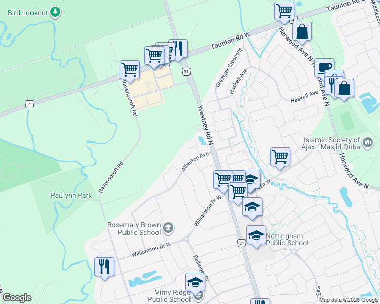 map of restaurants, bars, coffee shops, grocery stores, and more near 3 Waldron Court in Ajax