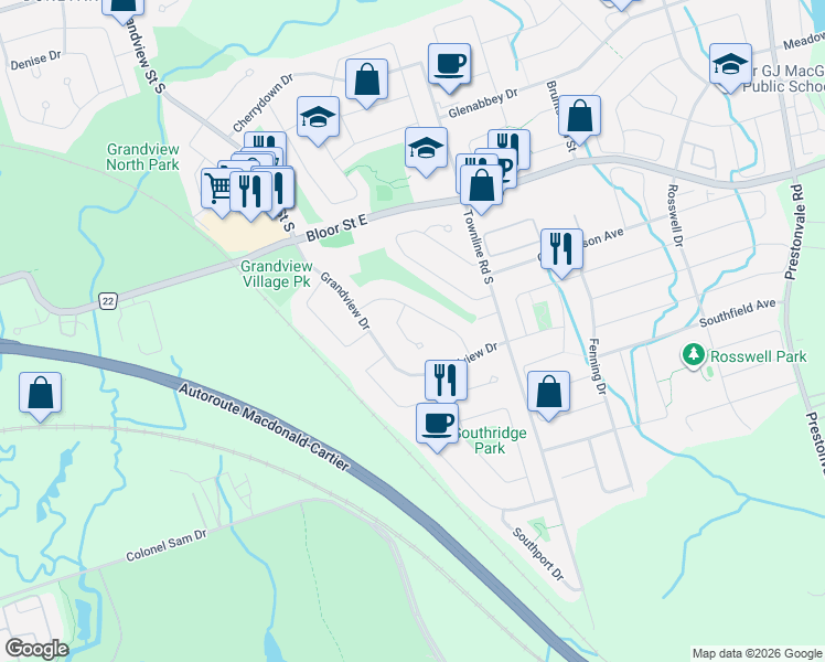 map of restaurants, bars, coffee shops, grocery stores, and more near 757 Edna Court in Oshawa