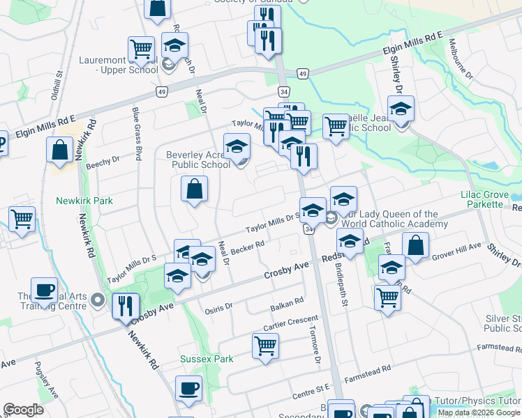 map of restaurants, bars, coffee shops, grocery stores, and more near Lynett Crescent in Richmond Hill
