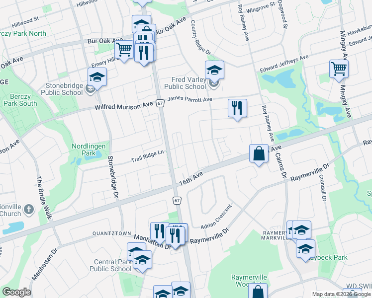 map of restaurants, bars, coffee shops, grocery stores, and more near 57 Armillo Place in Markham