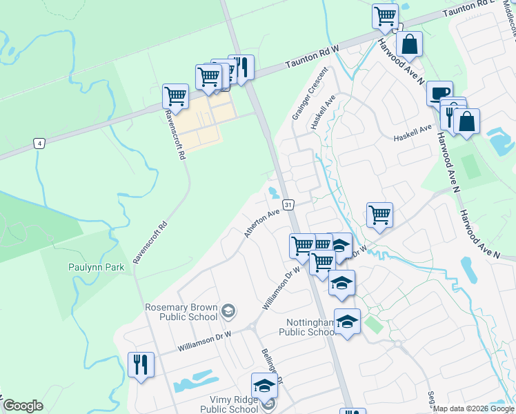 map of restaurants, bars, coffee shops, grocery stores, and more near 3 Waldron Court in Ajax