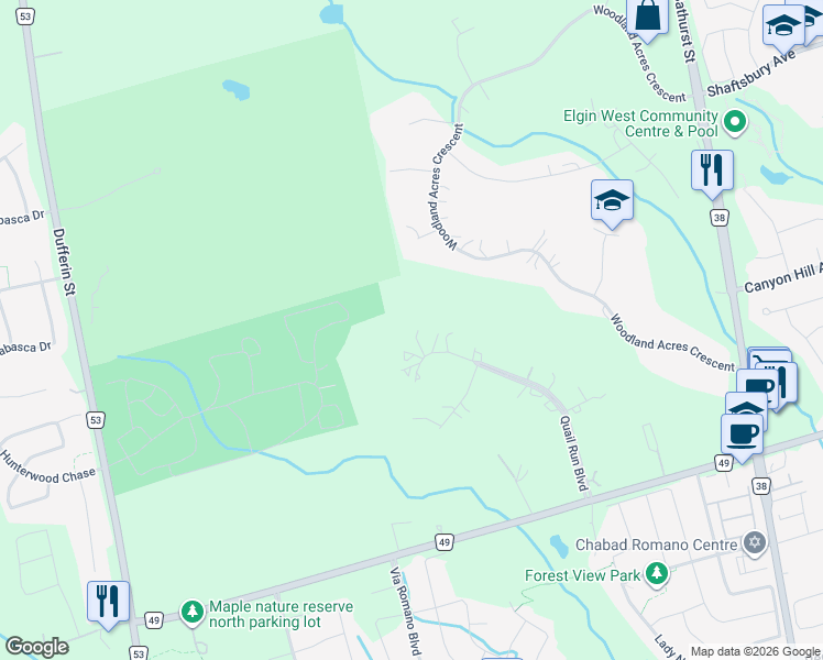 map of restaurants, bars, coffee shops, grocery stores, and more near 76 Quail Run Boulevard in Vaughan