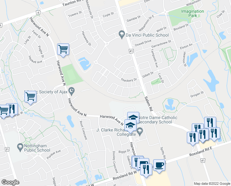 map of restaurants, bars, coffee shops, grocery stores, and more near 42 Hornsell Circle in Ajax