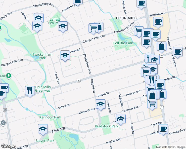 map of restaurants, bars, coffee shops, grocery stores, and more near 231 Regent Street in Richmond Hill
