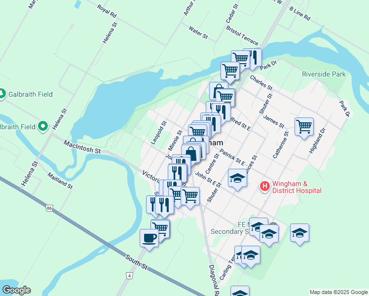 map of restaurants, bars, coffee shops, grocery stores, and more near 254 Josephine Street in Wingham
