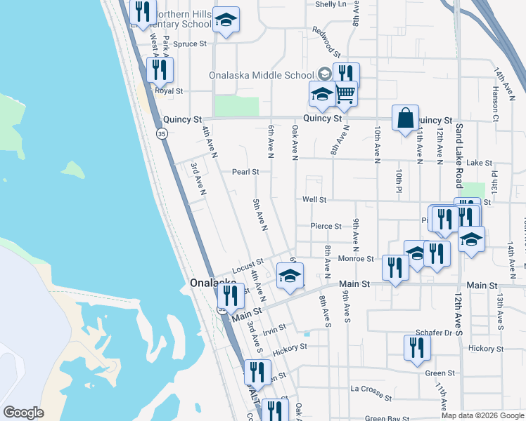 map of restaurants, bars, coffee shops, grocery stores, and more near 339 6th Avenue North in Onalaska