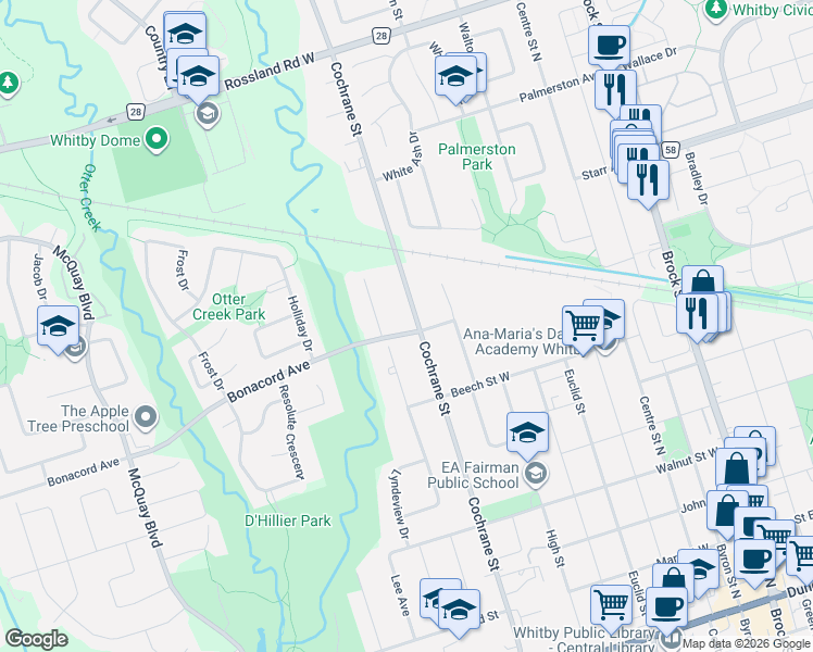 map of restaurants, bars, coffee shops, grocery stores, and more near 666 Cochrane Street in Whitby